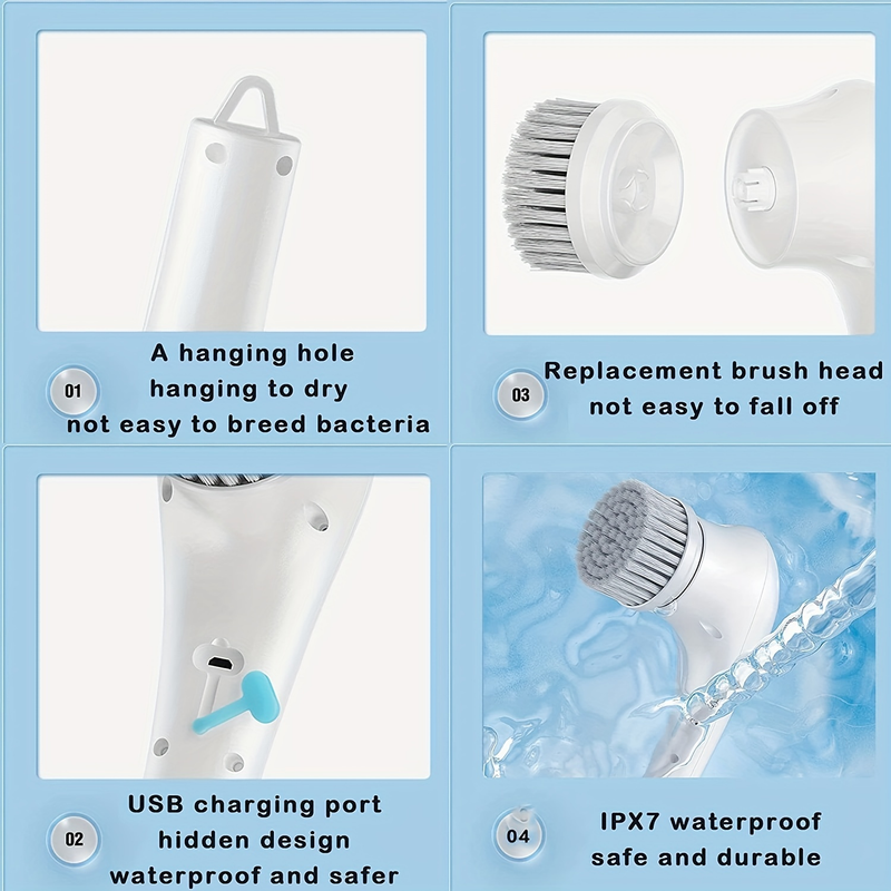 7pcs Electric Spin Scrubber: Effortless Cleaning With 5 Replaceable Brush Heads, USB Rechargeable 360°Power Scrubber Mop For Wall Bathtub_voghion.com