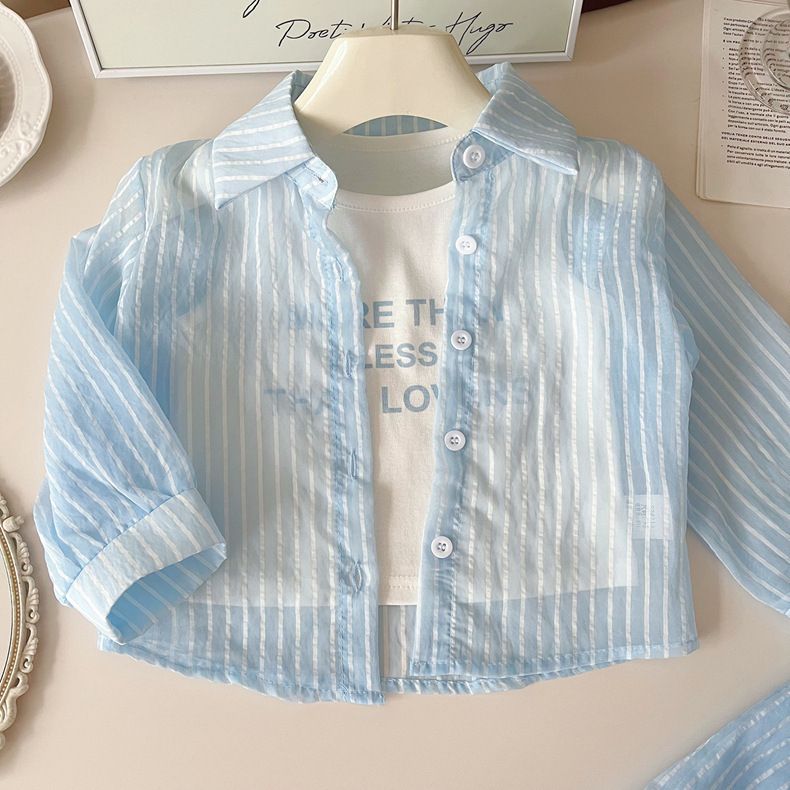 Abbigliamento per bambini, completo estivo da bambina, stile nuovo, alla moda, a righe verticali, a maniche lunghe, con protezione solare, pantaloncini, completo da tre pezzi_voghion.com