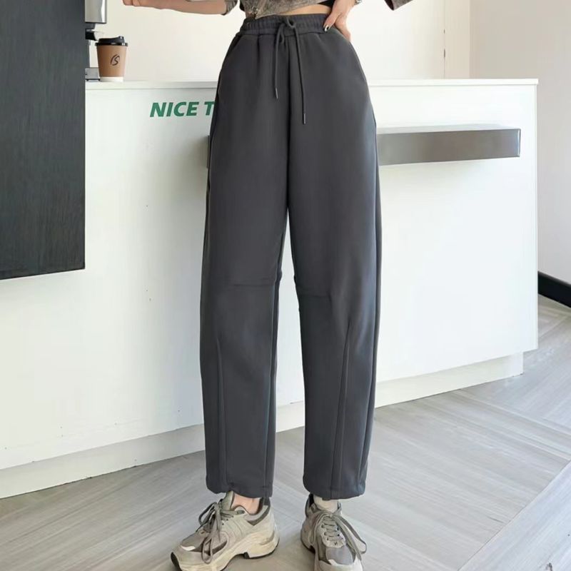 Pantaloni sportivi e casual da donna, nuovi, dimagranti, a vita alta, larghi e grigi scuri, in pile composito Huamian_voghion.com