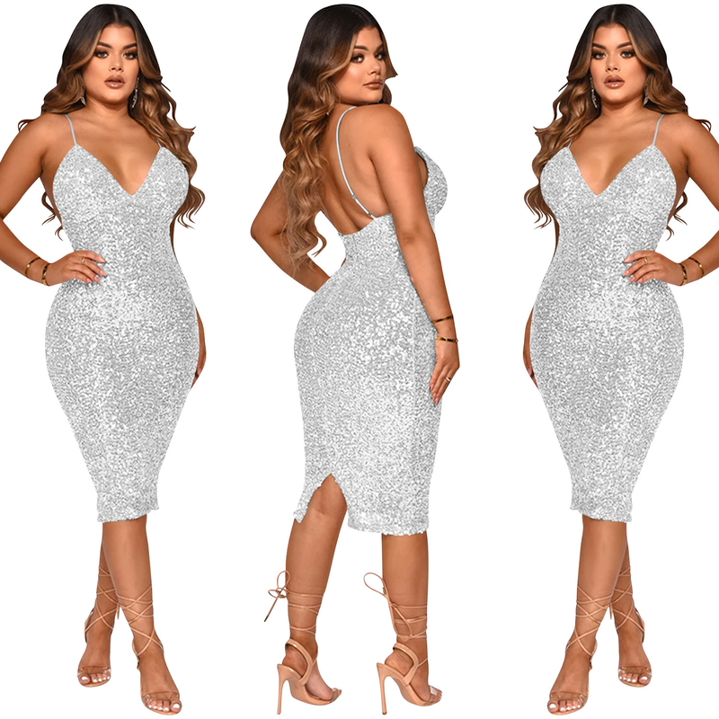 Einfarbiges, sexy Strapsrockkleid mit V-Ausschnitt für Damen mit Pailletten_voghion.com