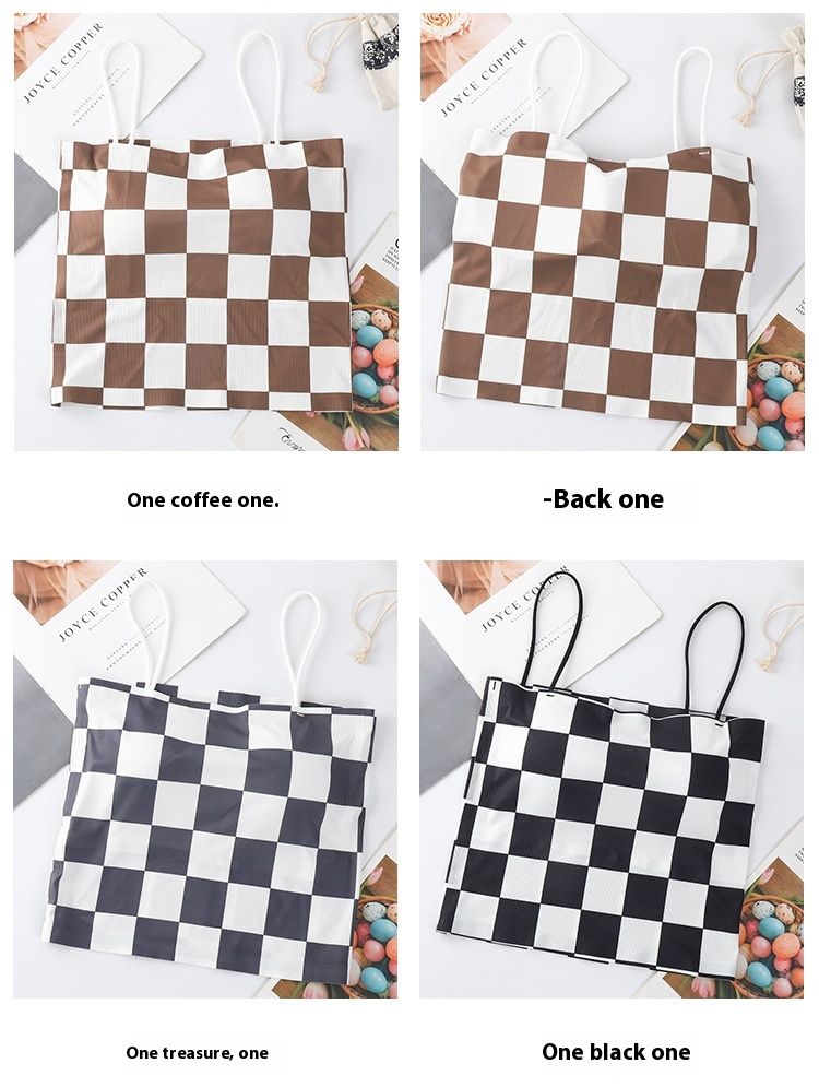 Long checkerboard ice silk one line circumference beautiful back chest wrapped pure desire camisole vest external wear,_voghion.com