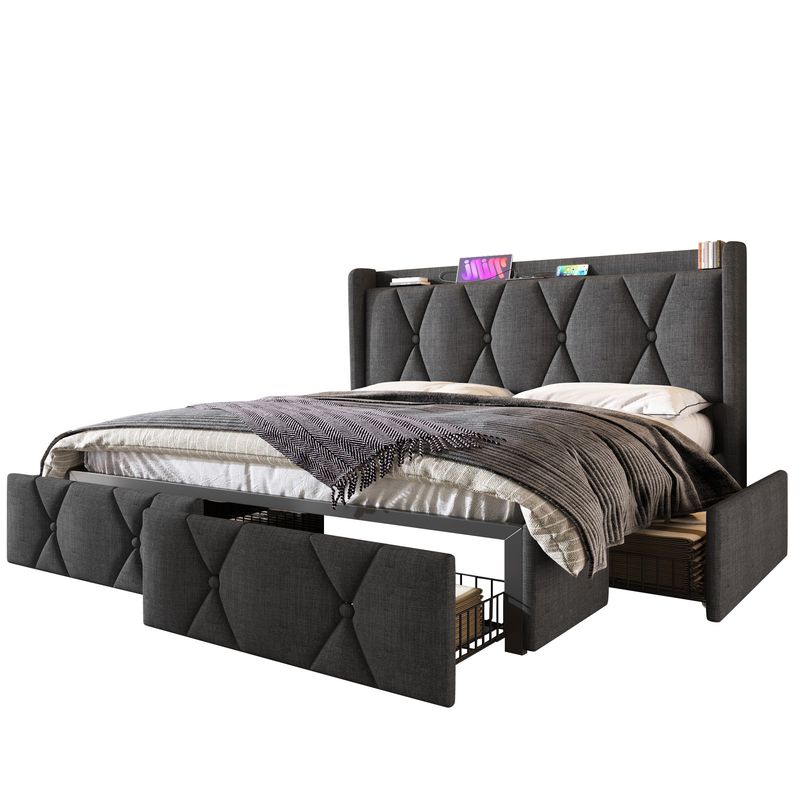 Cadre de lit double avec rangement 140 x 200 cm, avec port USB, tête de lit capitonnée et 4 tiroirs, sommier à lattes en bois gris (avec matelas)_voghion.com