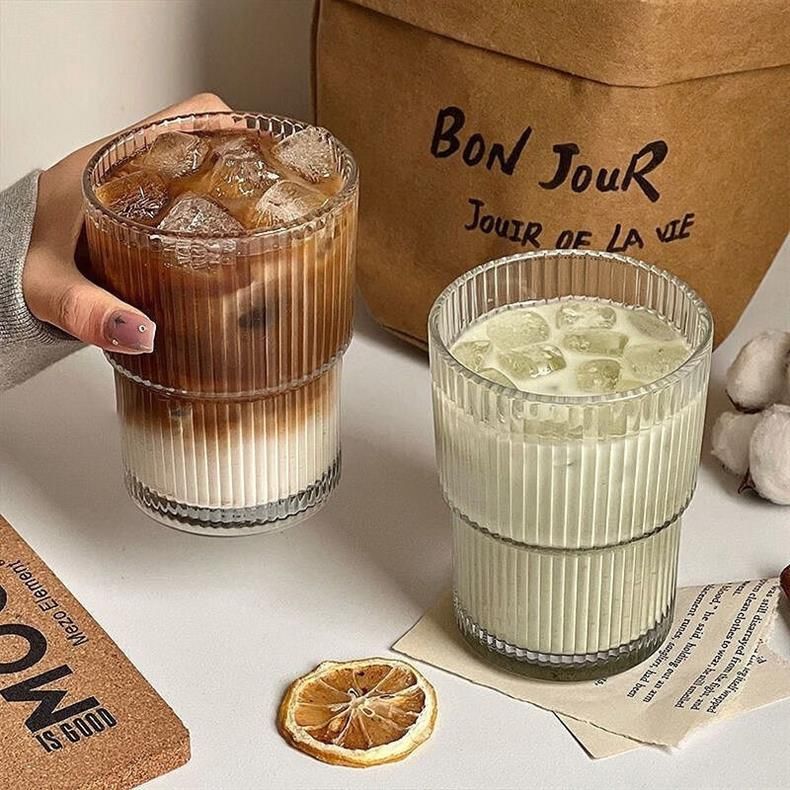 Striped Glass Coffee Cup With Lid & Straw - 12oz Reusable Drinking Glass For Hot/Cold Beverages (Iced Latte Milk Juice Dishwasher Safe)_voghion.com