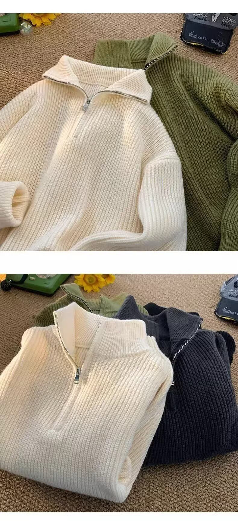 Suéter masculino de gola alta com zíper e meio zíper, novo suéter de malha de cor sólida para inverno, estilo preguiçoso, jaqueta casual para combinar_voghion.com