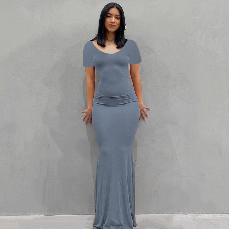 Damenbekleidung Langes Kleid Lässiges, schmales, langärmliges Heimkleid_voghion.com