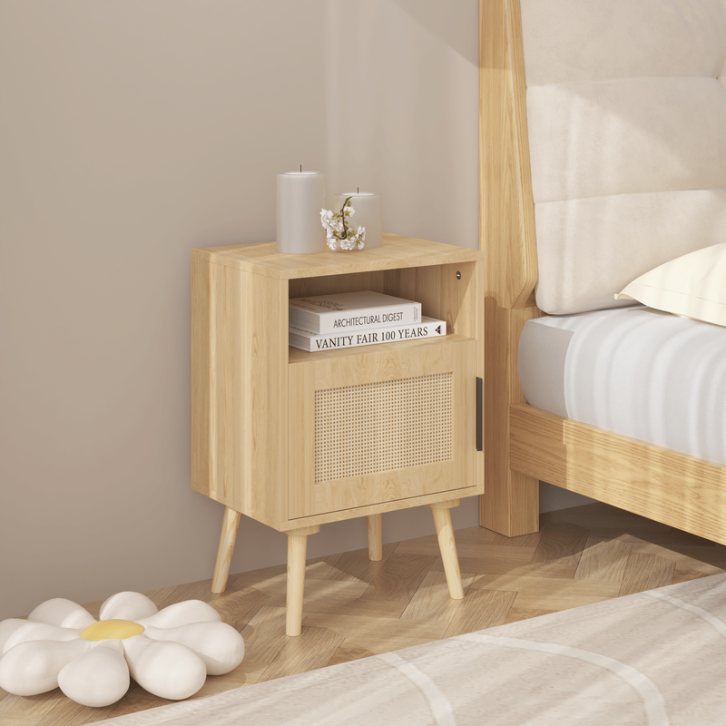 22.83" H Rattan Nightstand, Side Table With Door Open Shelf,Accent Bedside End Table With Solid Wood Legs For Bedroom, Dorm And Small Spaces_voghion.com
