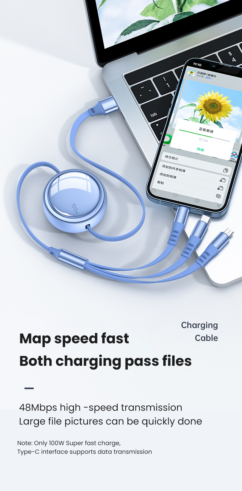 2in1 3in1 6A 100W USB-kabel voor Huawei/Honor Intrekbare draagbare 3-in-1 Micro USB Type C snellaadkabel F_voghion.com