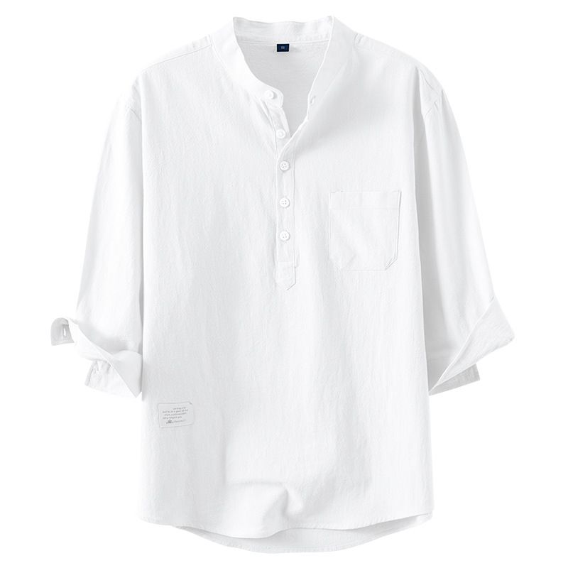 Herrenbekleidung, Baumwoll-Leinen-ähnliches Kurzarm-Freizeithemd, atmungsaktiv, leicht, schmale Passform, Stehkragen, Sommeroberteil (Weiß/Schwarz/Grau/Beige)_voghion.com