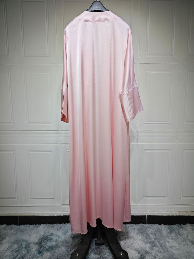 Femei musulmane halat de baie rochie de seară satinată moale cu deschidere frontală halat Abaya culoare solidă_voghion.com