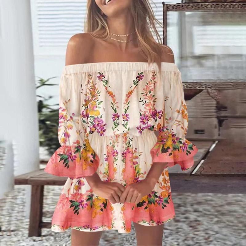 Damen Sommerkleid mit Blumendruck, sexy, schulterfrei, ausgestellte Ärmel, Tunika-Kleid, lässig, Boho-Strandkleid_voghion.com