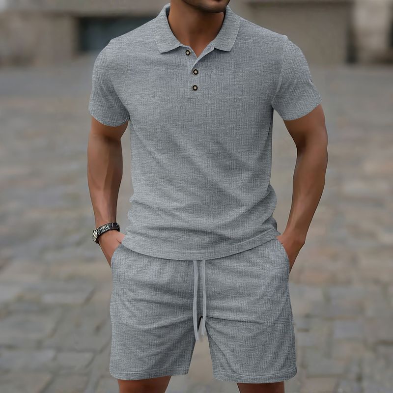 2025 Summer New Casual Men's Solid Color Jacquard Lapel Button Short Sleeve Shorts Set_voghion.com