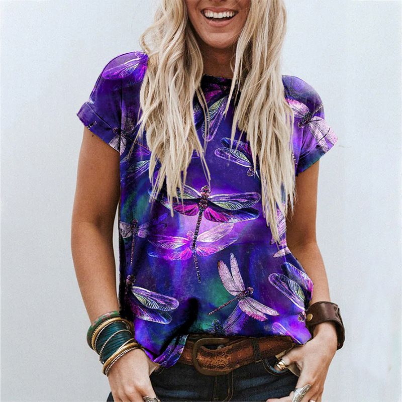 Camiseta feminina com estampa digital 3D e manga curta, gola V, estilo solto, verão 2022_voghion.com
