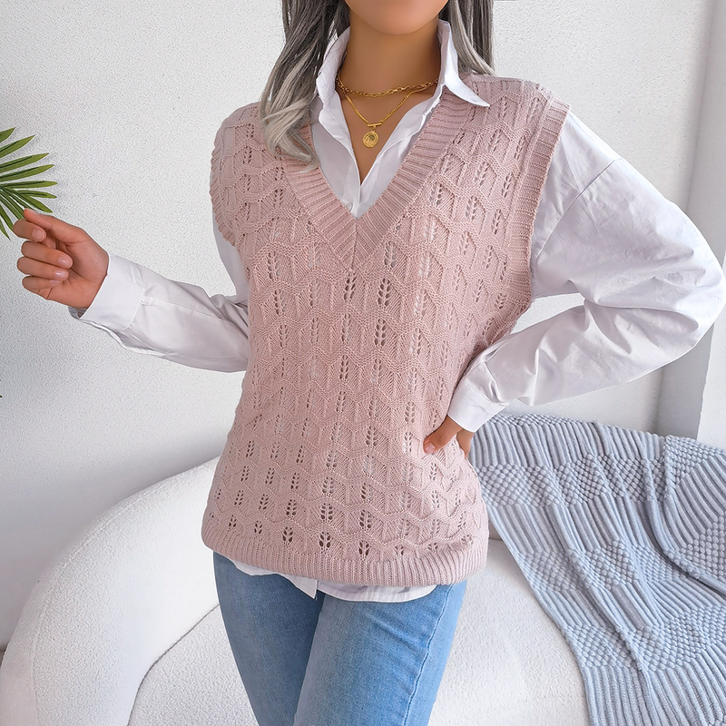 2023 Autumn And Winter Solid Color Hollow Wave V-neck Knitted Vest Sweater Women's Fashion_voghion.com