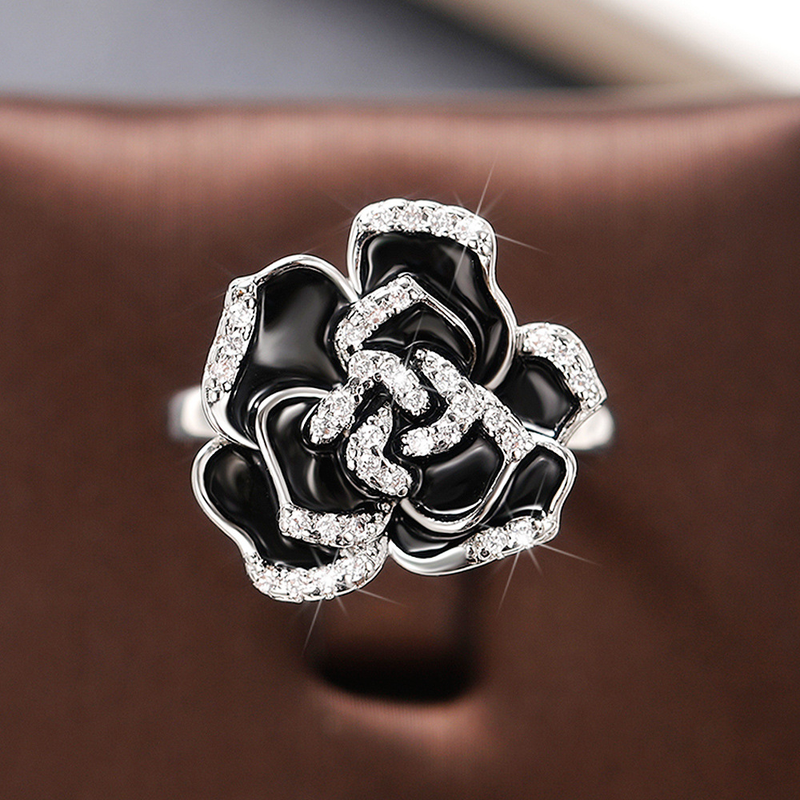 Elegante anello da donna in zircone smaltato con esclusivo anello adesivo gocciolato fatto a mano con fiori di rosa nera per le donne_voghion.com