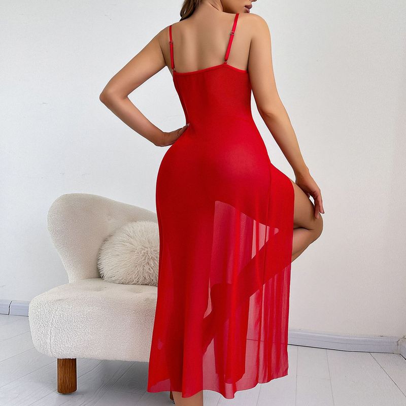 New Sexy Petal Decor Double-Sided High-Slit Strap Long Dress Lingerie Set_voghion.com