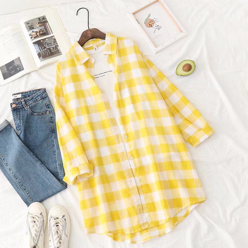 Camicia a quadri casual ampia a maniche lunghe in cotone_voghion.com