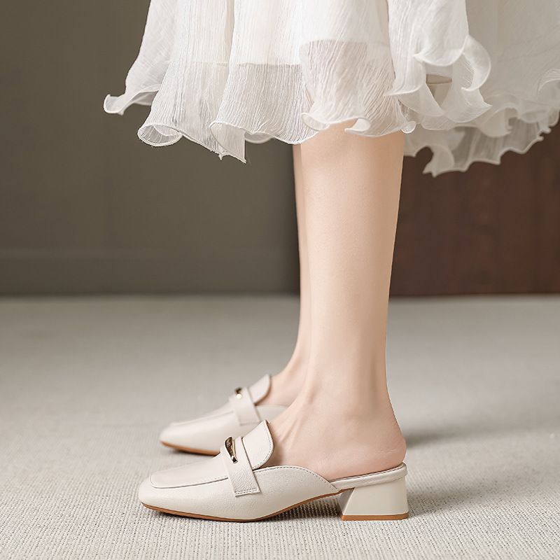 French Style Closed-Toe Mules Women's Fashionable Outdoor Lazy Square-Toe Mid-Heel Chunky Heel Sandals X332-5_voghion.com