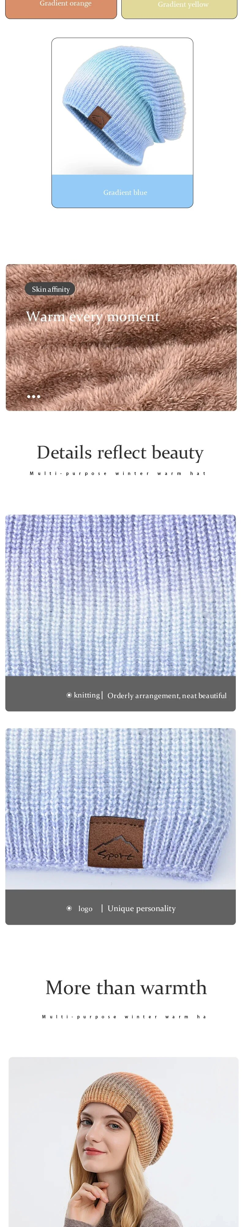 Cappello lavorato a maglia in peluche colorato per donna Berretto in lana calda di colore sfumato invernale Berretti con teschio femminile Moda addensata all'aperto_voghion.com