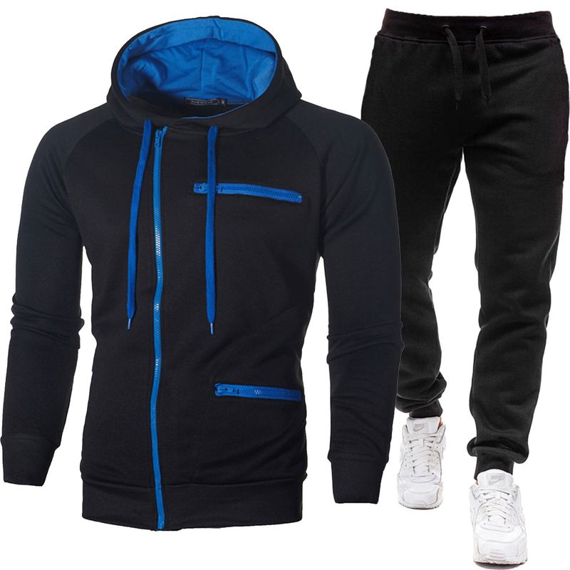 Nuevo conjunto de sudadera con capucha y chaqueta y pantalones deportivos de color sólido con cremallera informal para hombre_voghion.com