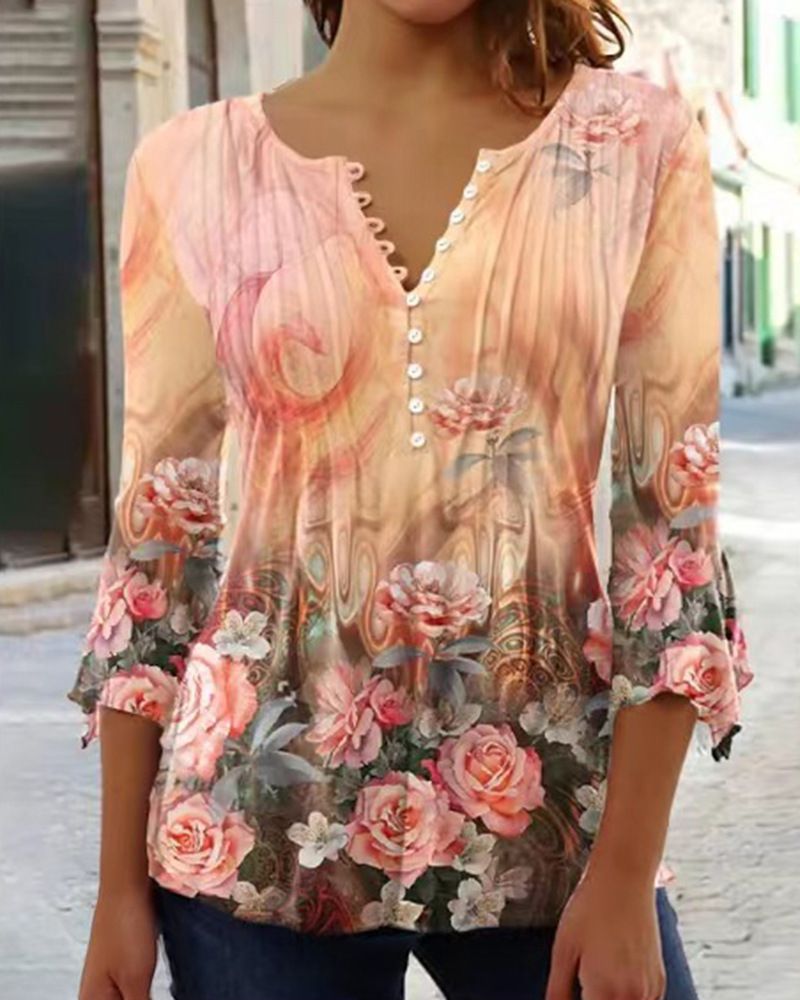 2025 Spring/Summer Fashion New Women's Flower Printed V-neck Short Sleeve Folded Button T-shirt Base Shirt_voghion.com