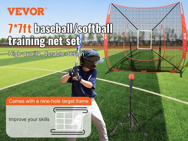 VEVOR 7x7 Ft Baseball Softball Practice Net, Portable Baseball Training Net For Hitting Batting Catching Pitching, Backstop Baseball Equipment With Bow Frame, Carry Bag, Strike Zone, Ball, Batting Tee_voghion.com