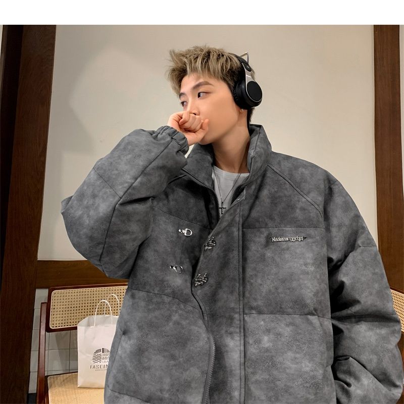 Hue Hue PU Leather For Men Winter Metal Airplane Buckle American Style Coat Thickened Warm Loose Puffer Cotton Padded Jacket_voghion.com