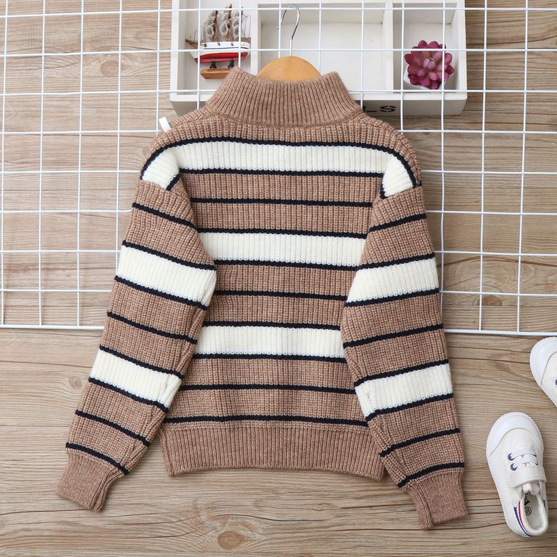 Strickjacke aus Lammwolle für Mutter und Kind, weicher, warmer Strickpullover für große Kinder (ab 8 Jahren), gestreiftes Design, lange Ärmel, Stehkragen (Grau/Marineblau)_voghion.com