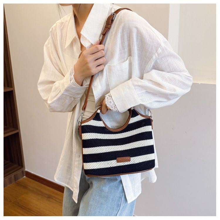 Borsa a secchiello con motivo a righe per donna, borsa da spiaggia casual in stile vacanza di grande capacità, tracolla singola_voghion.com