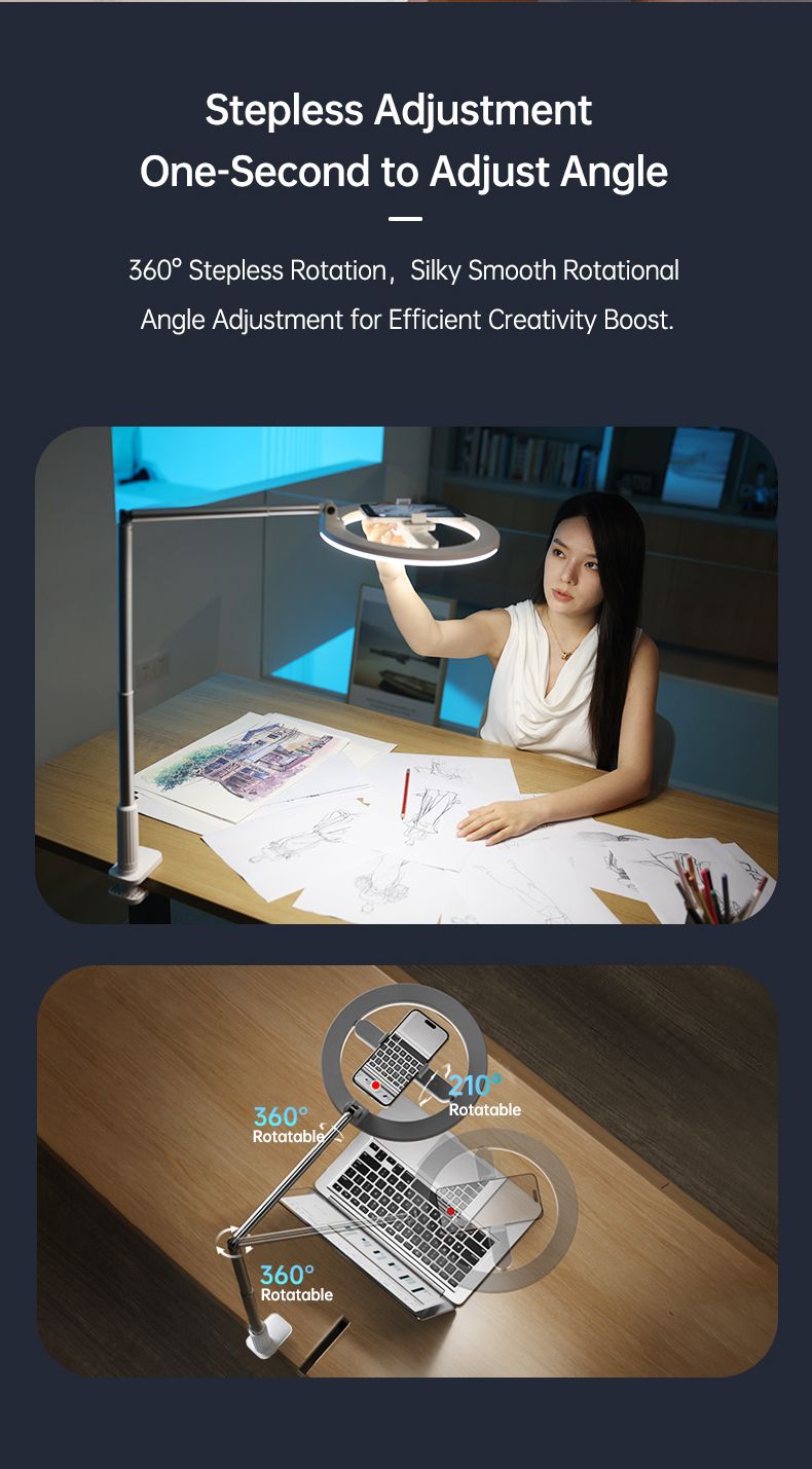 Luz de relleno de anillo Soporte de transmisión en vivo Puede girar Disparos desde arriba Telescópico Plegable Disparos de escritorio Luz de relleno de belleza_voghion.com