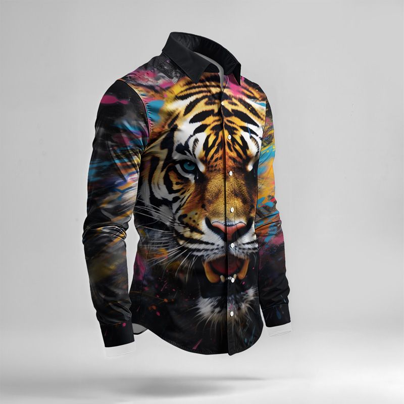 2025 Frühling Sommer Männer Shirt Set Tiger Print Mode Druck Zweiteiler Herren Leichte Party Langarm Anzug Neu_voghion.com