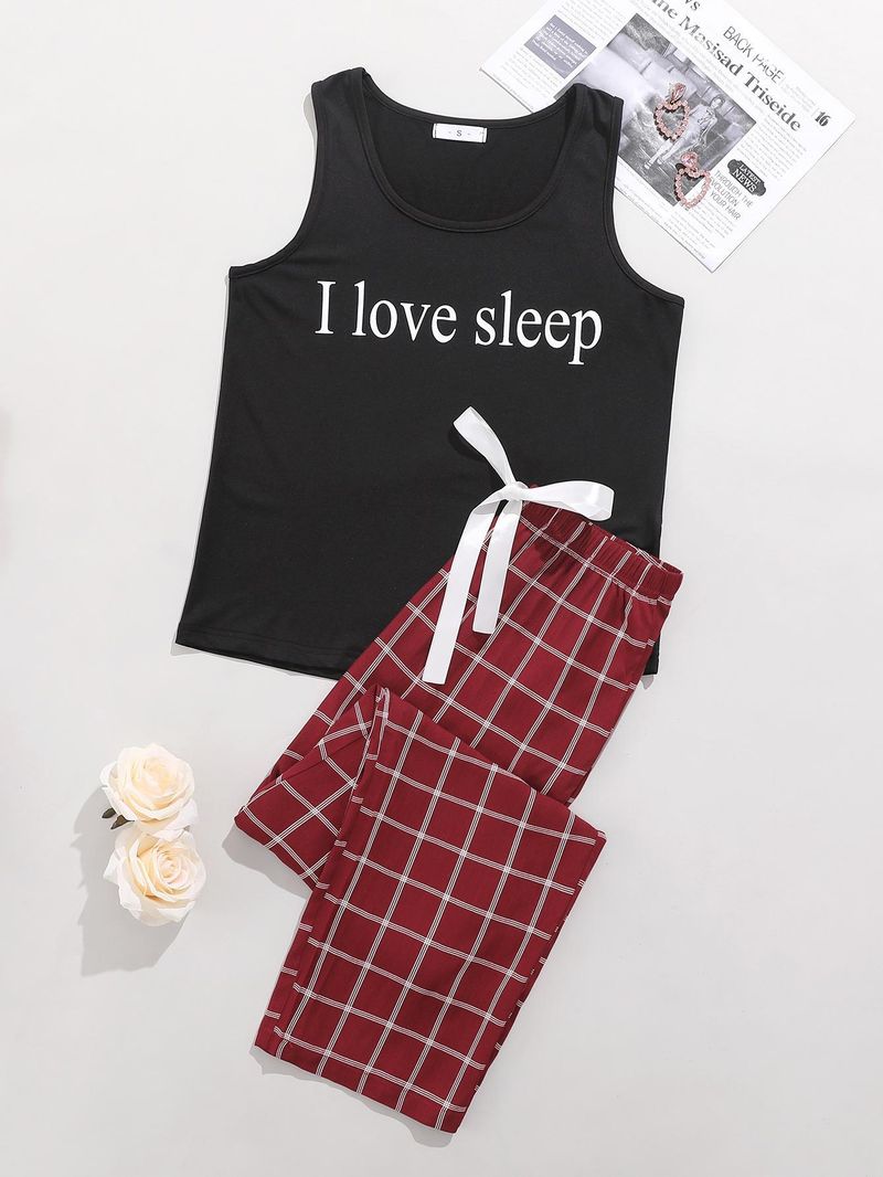 Women's Homewear Spring Printed Sleeveless Vest Plaid Long Pants Two-Piece Pajama Set For Women_voghion.com