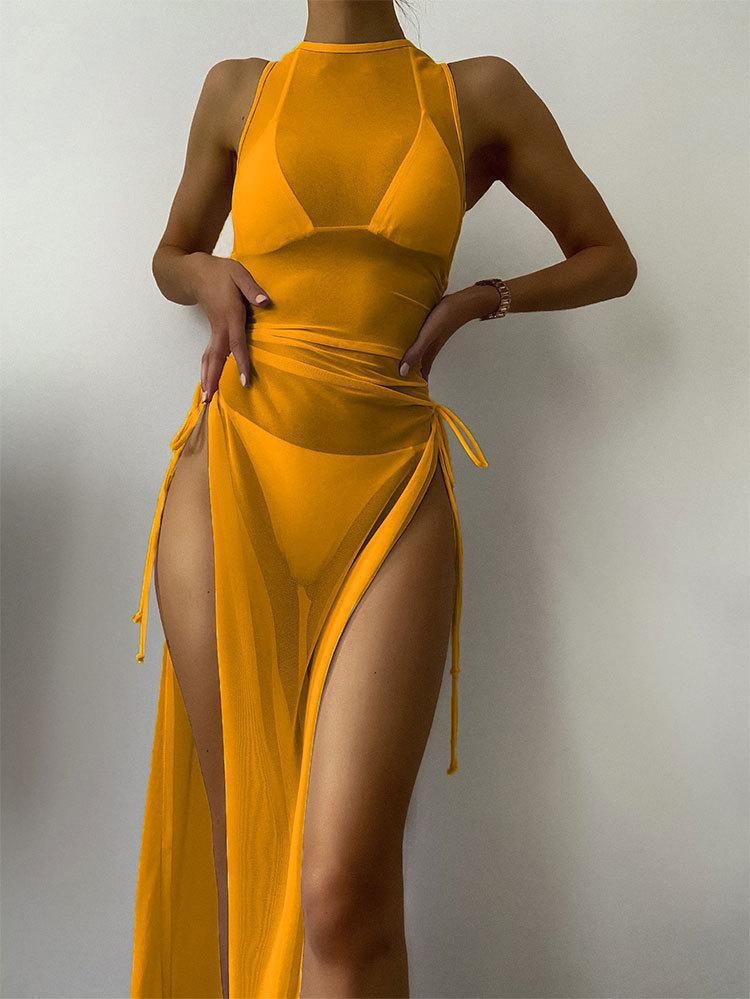 Damenbekleidung Neuer einfarbiger Bikini-Überzug Strandrock Dreiteiliger High-End-Badeanzug für heiße Quellen_voghion.com