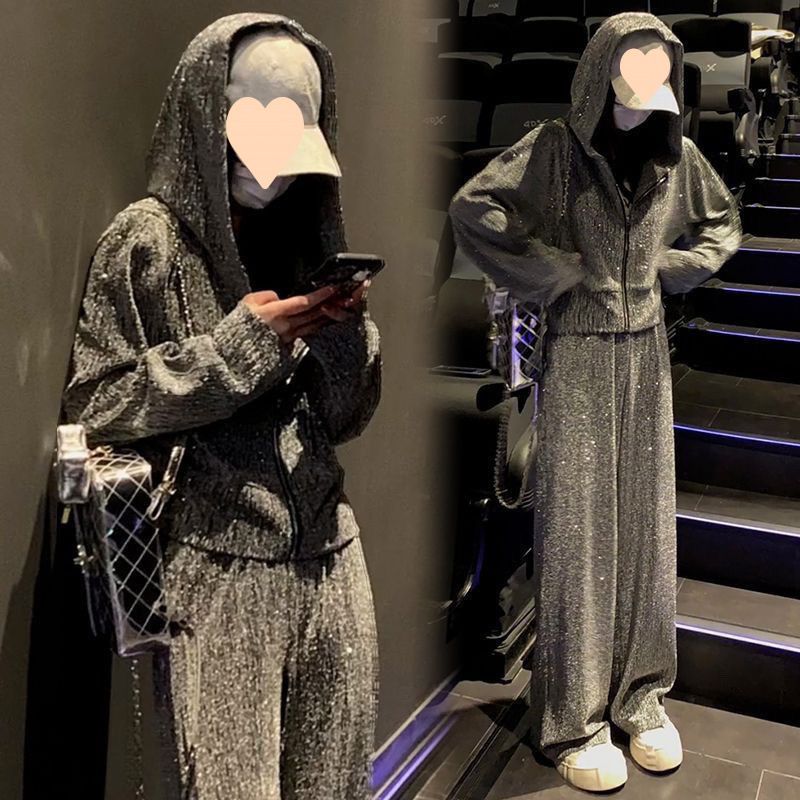 001 Modischer, hochwertiger Sportanzug für Damen, Frühling/Herbst, lässiges, locker sitzendes, figurformendes Kapuzensweatshirt mit Strasssteinen und langem Oberteil_voghion.com