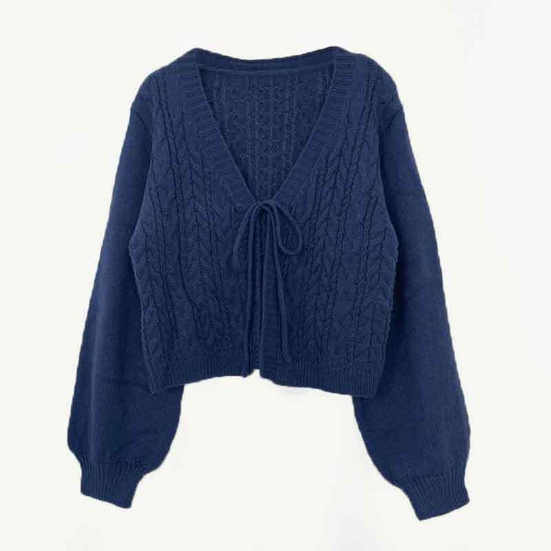 Elegant V-Neck Cable Knit Cardigan With Bow Tie & Lantern Sleeves - Soft Acrylic Blend Women's Sweater For Casual Chic Style (Navy/Black/Red, S-XL)_voghion.com