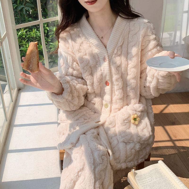 Herbst und Winter New Shu Cotton Lint Thickened Cardigan Pyjamas Loungewear Set_voghion.com