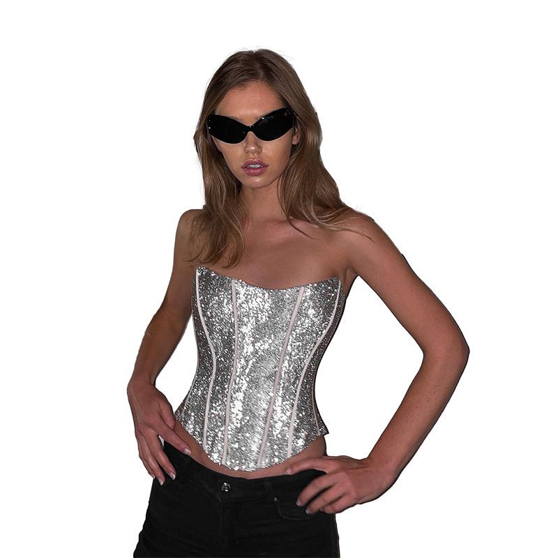 Women's fashion temperament sparkly fishbone waist vest_voghion.com
