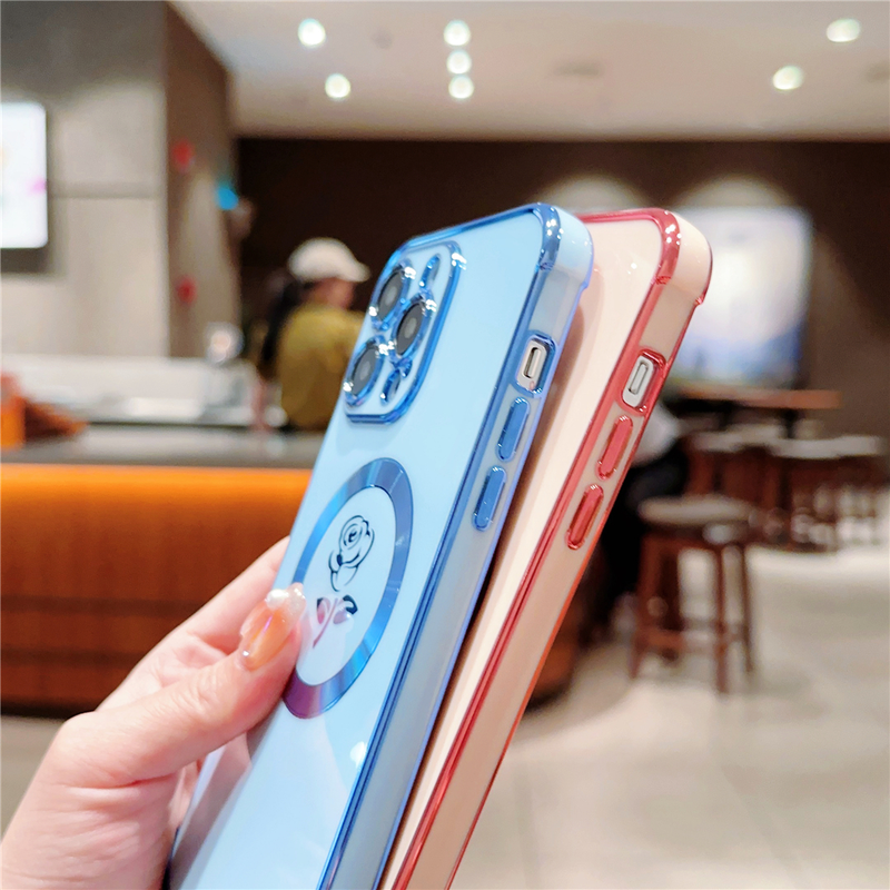 15 Pro Max Magsafe placcatura magnetica custodia per telefono fiore rosa per iPhone 11 12 13 14 Plus copertura protettiva per obiettivo_voghion.com