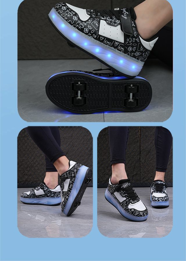 Buty do biegania dla chłopców i dziewcząt z czterema kołami, podwójnymi kołami, migającymi światłami LED, automatycznymi, niewidocznymi rolkami, partią_voghion.com