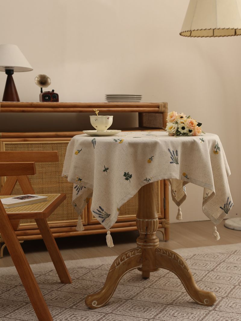 Linen Tablecloth With Lavender Embroidery – 60x60cm & 90x90cm, Natural Fabric, Heat-Resistant, Stylish Home Decor For Dining Table Or Coffee Table_voghion.com