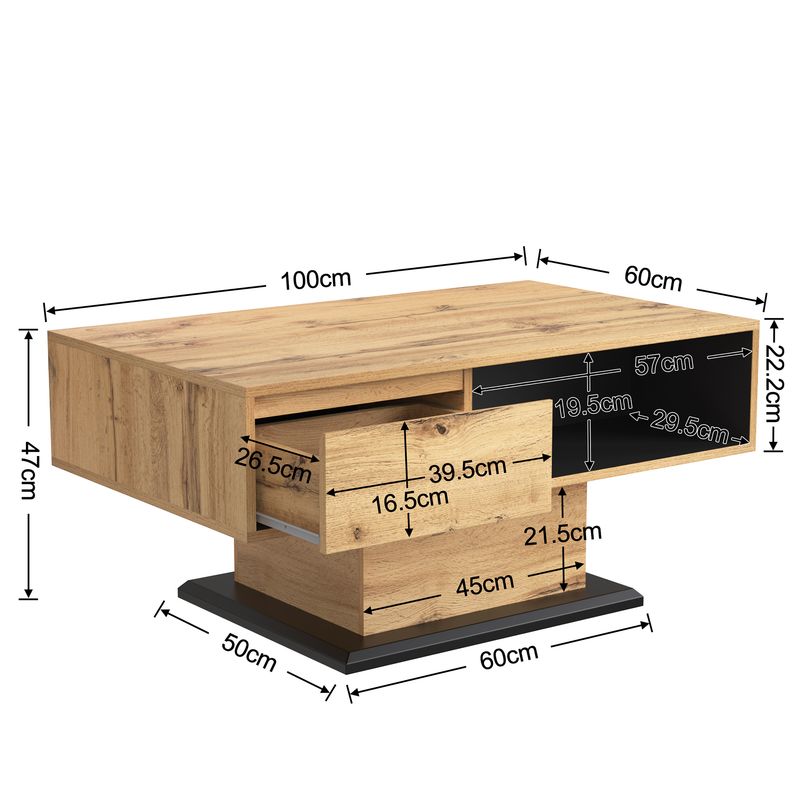 Table basse en bois avec tiroir caché, compartiment de rangement ouvert et espace de rangement arrière, rangement double face pour salon ou bureau, table de canapé grande capacité_voghion.com