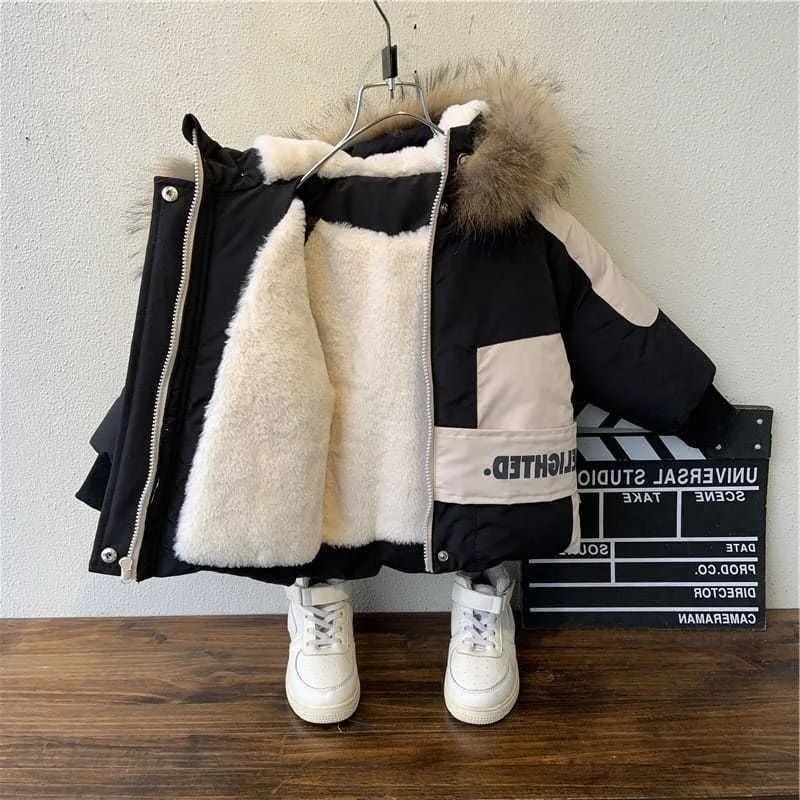 Vinter drengefrakke 2024 Ny babypelskrave Hættebomuld Plus Velvet Thicken Varm jakke til børn Parka 2-8 år Børnetøj_voghion.com