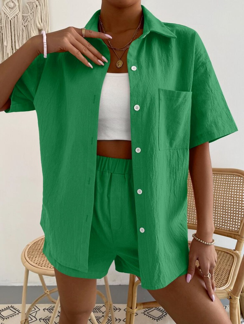 Camicia monopetto da donna primaverile ed estiva in tinta unita, elastico in vita, pantaloncini larghi, abito casual in cotone e lino_voghion.com