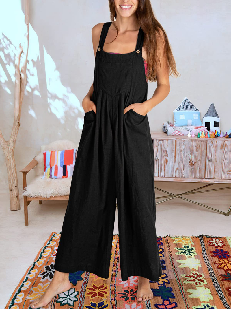 Women's clothing solid color loose casual cotton and linen overalls jumpsuit_voghion.com