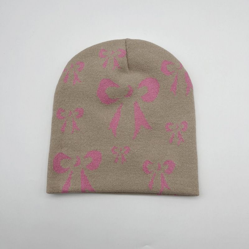 Bonnet en laine tricotée avec nœud jacquard rouge pour femme_voghion.com