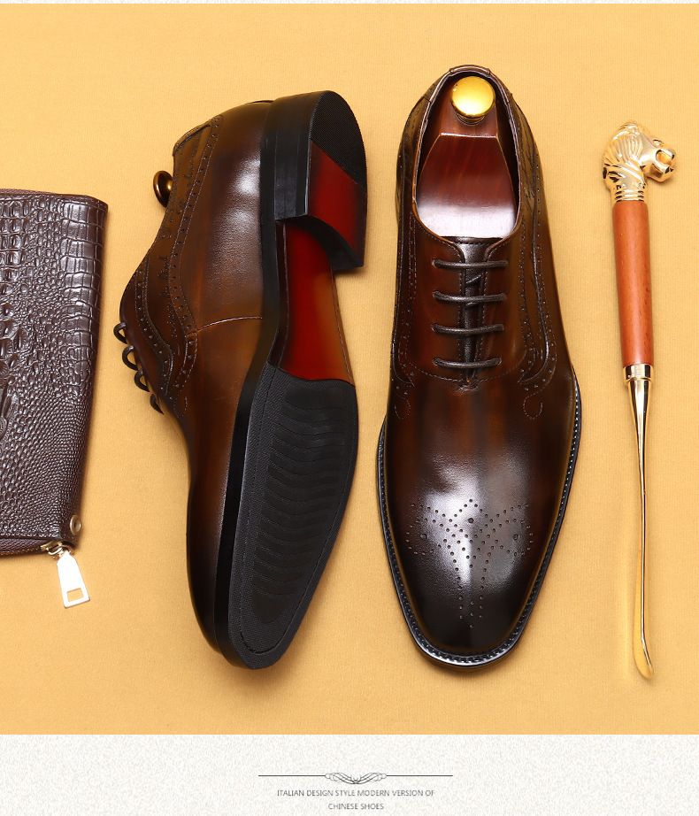Ανδρικά δερμάτινα παπούτσια από γνήσιο δέρμα, ευρωπαϊκά και αμερικανικά, χειροποίητα βουρτσισμένα ανδρικά παπούτσια Oxford, για επίσημα επαγγελματικά ρούχα, μυτερά σκαλιστά μπρογκ_voghion.com