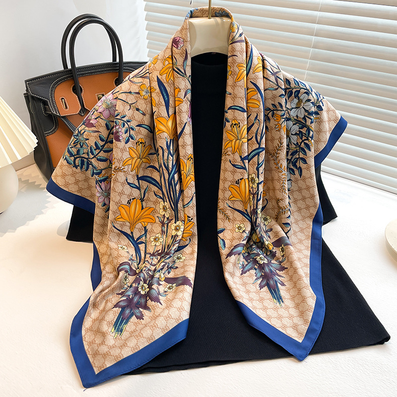 Fashion Daisy Scarf, Flower Print Scarf, Twill Silk Square Scarf, 90x90cm Shawl, Sun Protection, Travel Headband_voghion.com