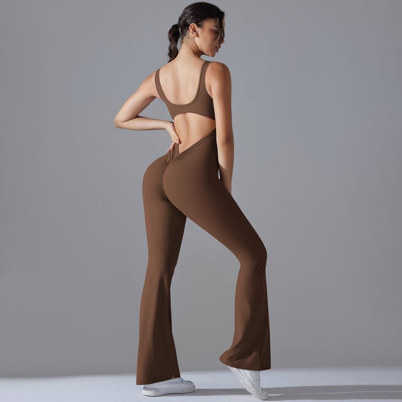 Neuer, einfarbiger, hüfthebender, langer, schmal geschnittener Jumpsuit mit weitem Bein für Sport, Laufen, Fitness und Yoga_voghion.com