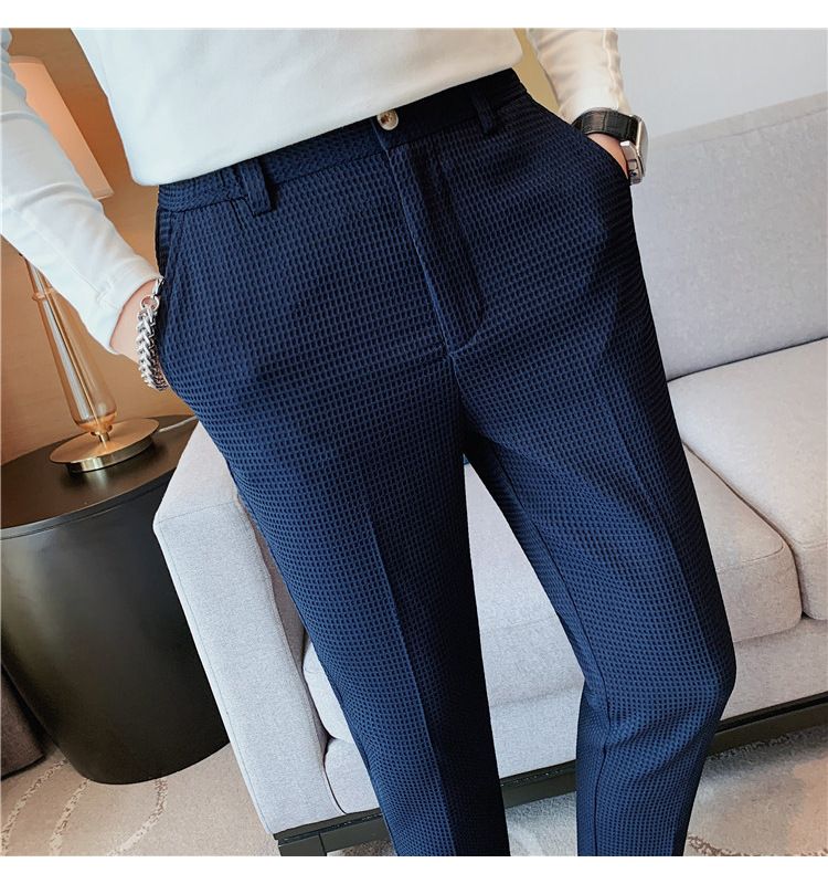 Men's Clothing Style Light Mature Men's Casual Waffle Trousers Waist Elastic Trousers Youth Skinny Trousers_voghion.com