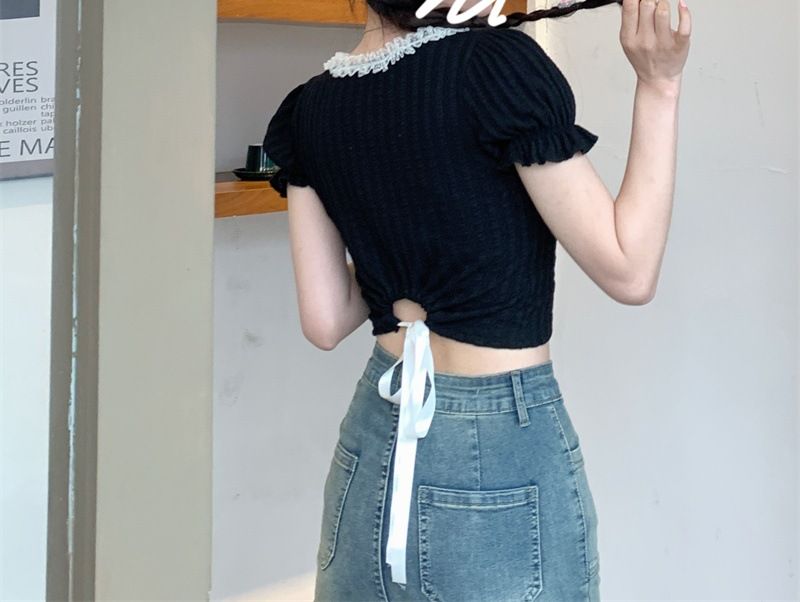 Camiseta de mujer con cuello cuadrado y mangas con borde de encaje para verano de 2024, top corto de manga abullonada elegante, suave y dulce_voghion.com