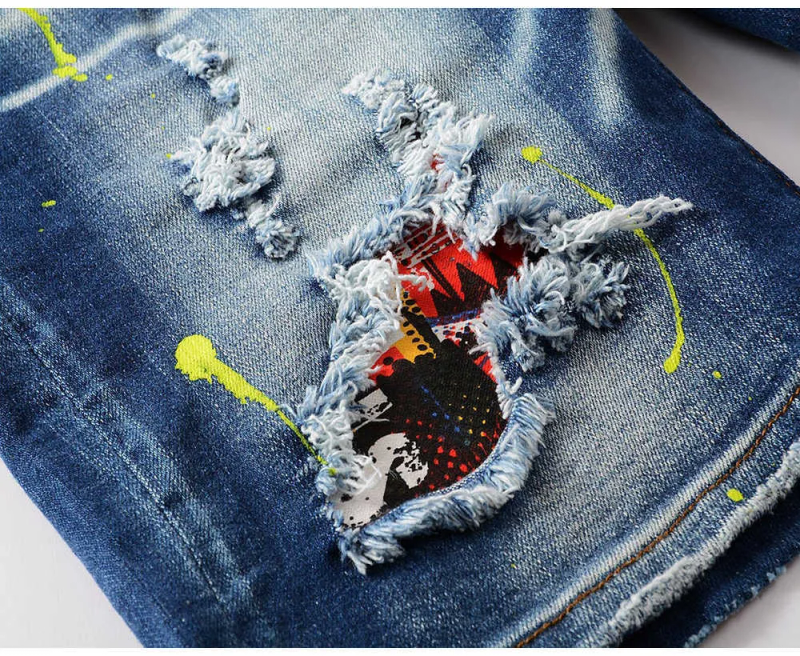 Men's Men Patchwork Ripped Denim Shorts Summer Buttons Fly Stretch Jeans Streetwear Distressed Painted Breeches with_voghion.com